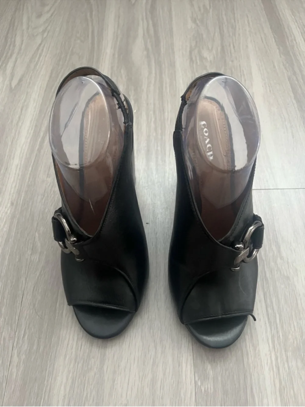Coach Black Leather Horsebit Peep Toe Block Heel Slingback Sandals Women’s 9.5